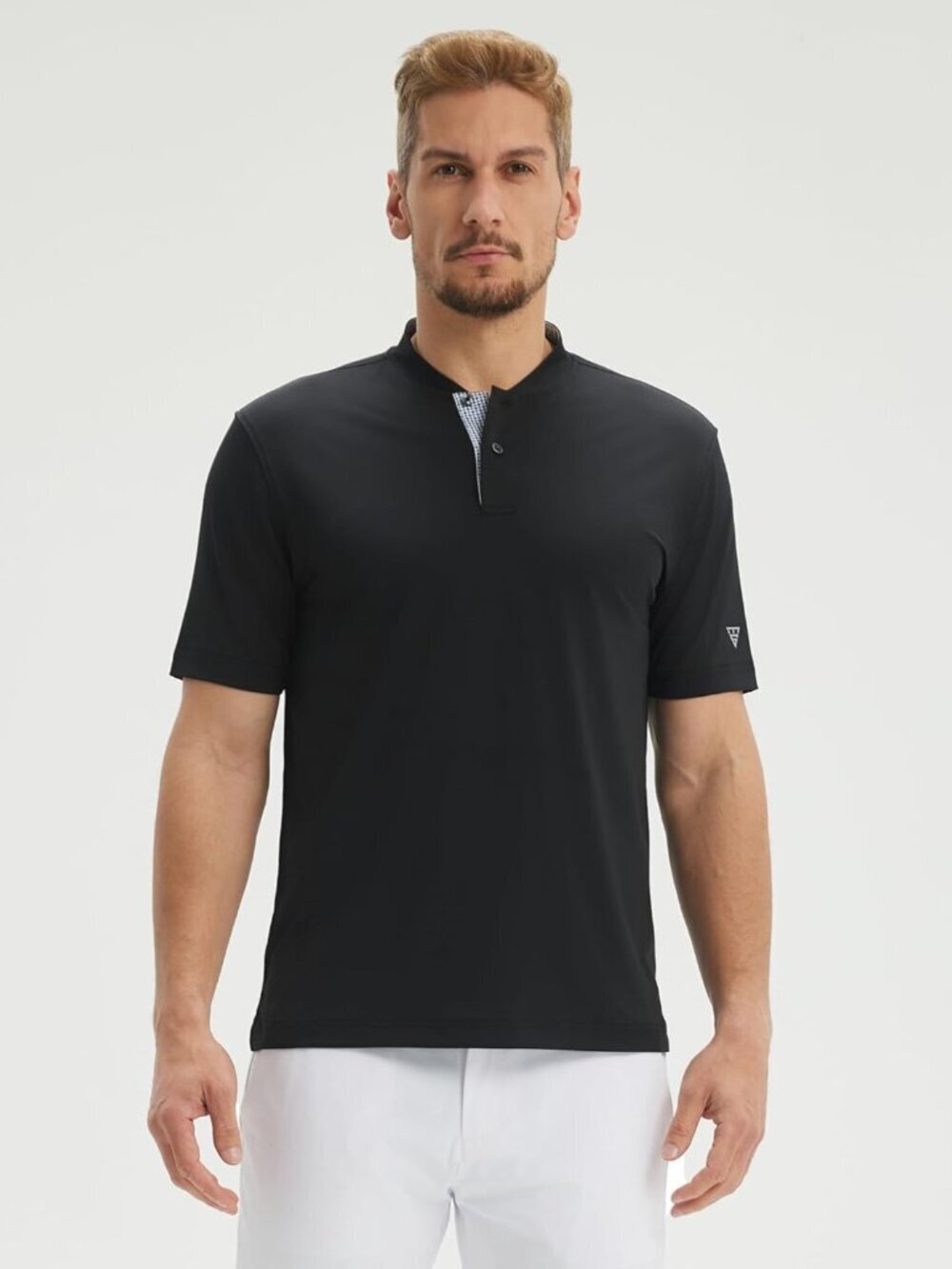 MensBlack Collarless Golf Shirt Dry Fit Moisture Wicking Henley Tee - Picture 2 of 6